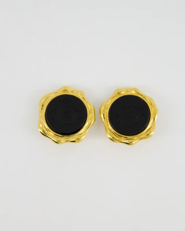 Fendi Gold and Black Vintage Circle Clip-On Earrings with Logo in Black Resin from Sellier, photo 2 of 5