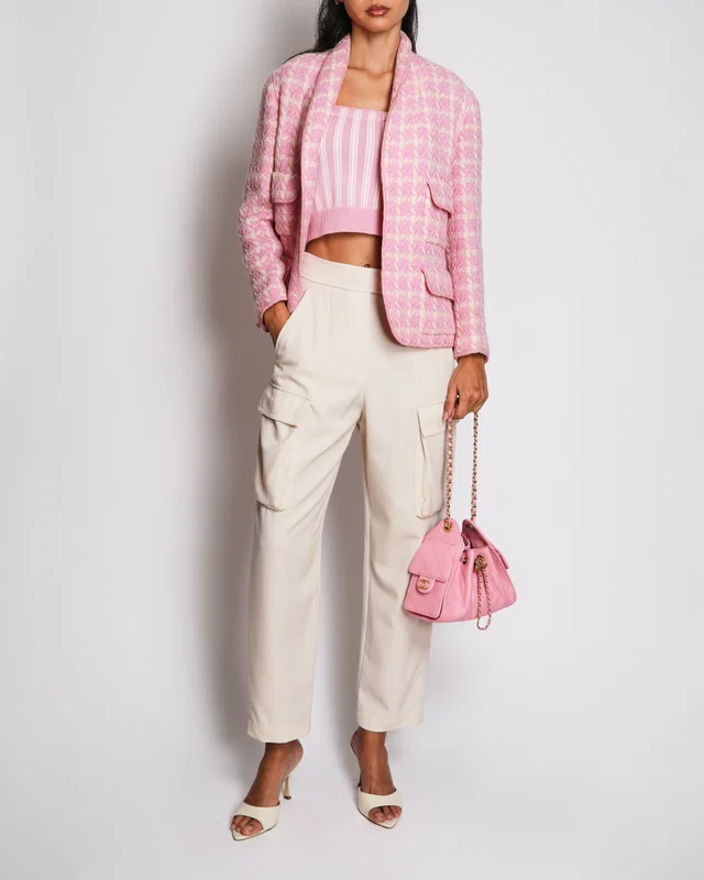 Chanel Spring 1996 Vintage Pink and Cream Tweed Jacket with Front Pocket Details and Pink CC Logo… in White Tweed from Sellier