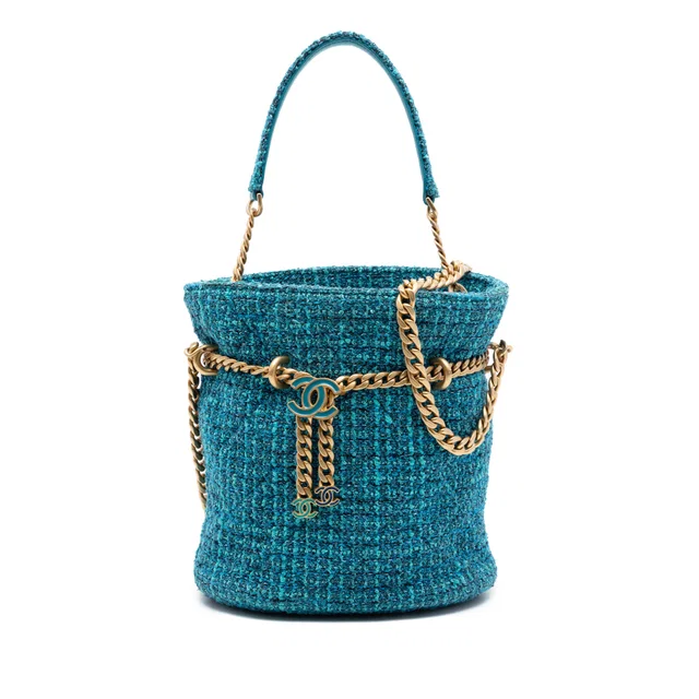 Blue Chanel Tweed Pending CC Top Handle Bucket Bag Satchel in Blue Tweed from Designer Revival, photo 1 of 1