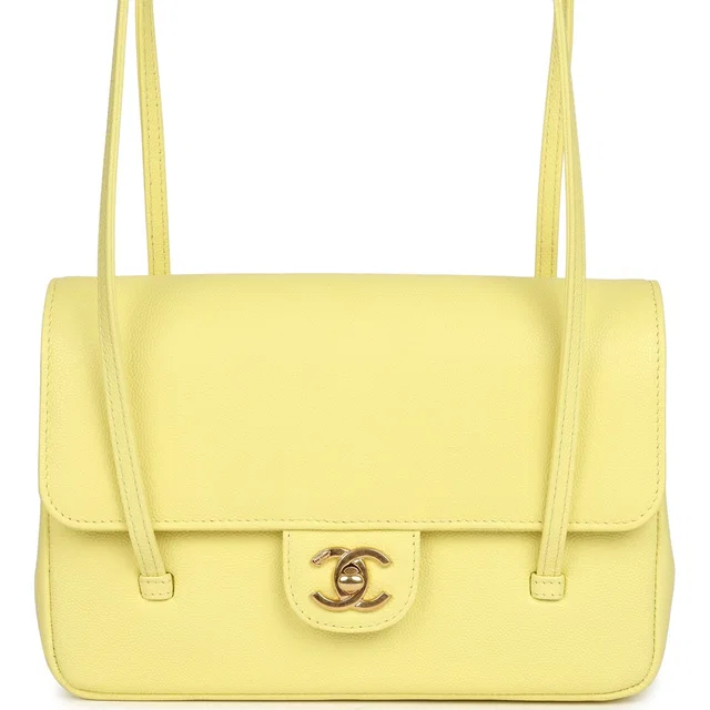 Chanel Small Preppy Coco Flap Bag Light Yellow Caviar Brushed Gold Hardware in Yellow Caviar leather from Madison Avenue Couture