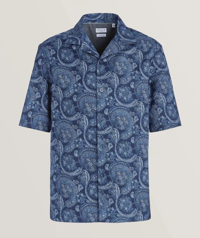 Brunello Cucinelli Paisley Cotton Camp Shirt in Blue, image 1 of 1 from Harry Rosen