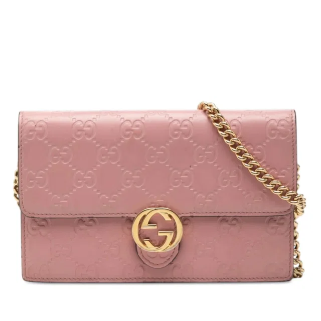 Pink Gucci Guccissima Interlocking G Wallet On Chain in Pink Leather from Designer Revival