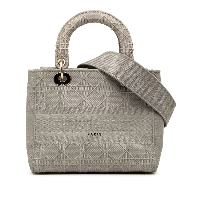 Gray Dior Medium Embroidered Canvas Cannage Lady D Lite Satchel in Grey Canvas from Designer Revival