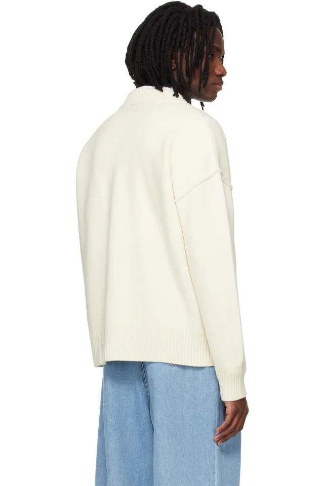 AMI Paris Off-White Wool Contrasted Ami de Coeur Cardigan, photo 3 of 4 from SSENSE