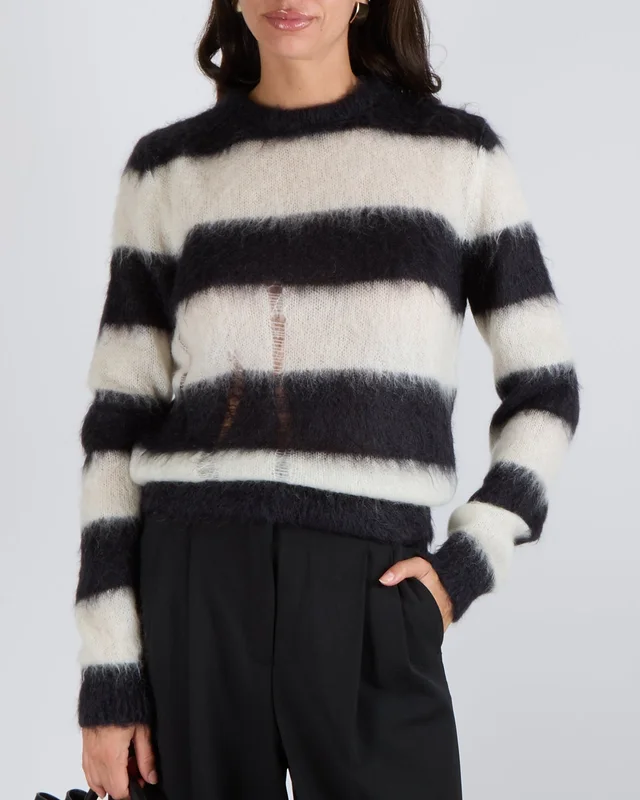 Saint Laurent Black and White Striped Mohair Jumper with Perforated Front Details Size S (UK 8) in Black Wool from Sellier, photo 2 of 2