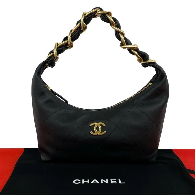 Chanel Hobo CC Logo Leather Shoulder Bag Black in Black Leather from The Reluxe