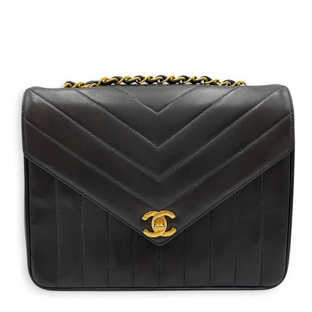 Chanel Vintage Chevron Envelope Flap 24cm Black Shoulder Bag in Black Lambskin from LuxLexicon