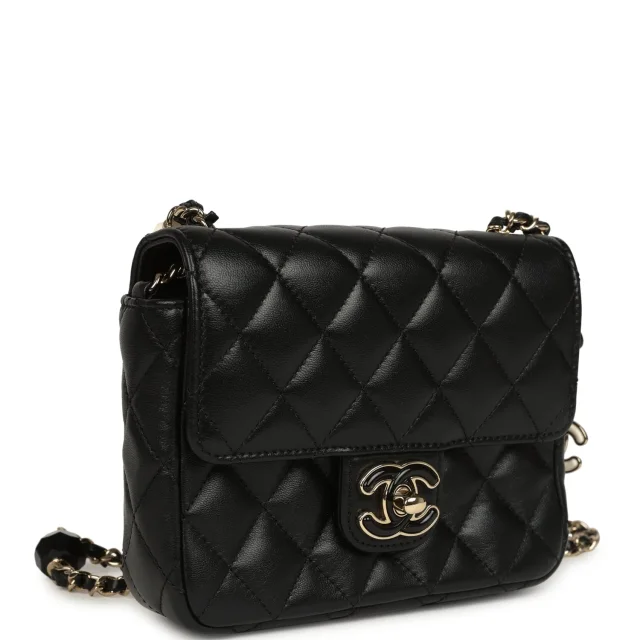 Chanel Heart Charms Mini Square Flap Bag Black Lambskin Enamel Light Gold Hardware in Black Lambskin from Madison Avenue Couture, photo 2 of 12