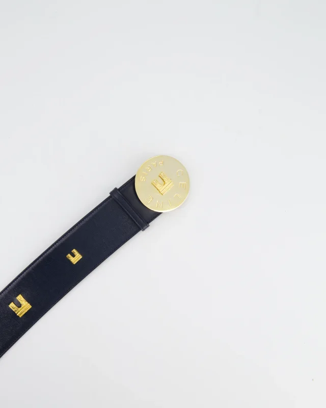 Celine 70cm Navy Blue Vintage Belt with Gold Arc de Triomphe Detailing in Navy Leather from Sellier, photo 3 of 6