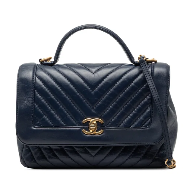 Blue Chanel CC Chevron Aged Calfskin Top Handle Flap Satchel in Blue Calfskin from Designer Revival