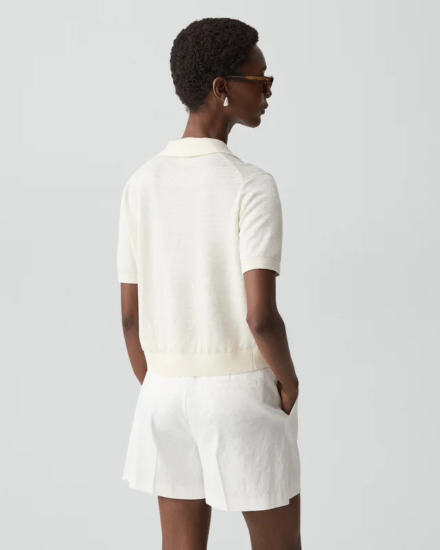 Theory Sheer Polo Shirt in Linen Knit in BONE 77% Linen, 23% Viscose; Exclusive Of Elastic, photo 3 of 12 from Theory