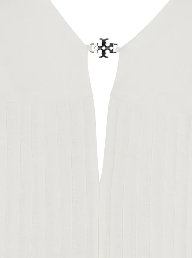 TORY BURCH Long Sleeveless Dress with V-Neck and Logo Plate on the Neck in Linen and Silk Blend White Women in White 70% Linen 30% Silk, photo 6 of 6 from Gaudenzi Boutique