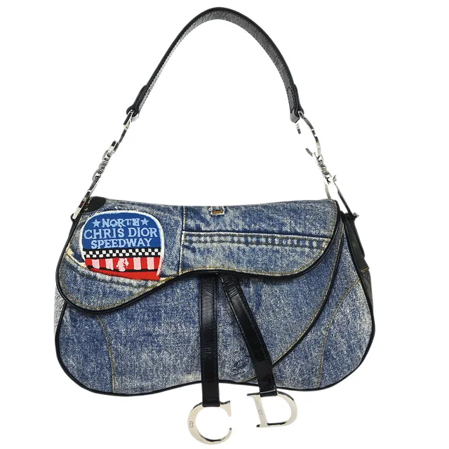 Dior Blue Canvas Denim Print Double Saddle Handbag in Blue Canvas from AMORE Vintage Tokyo