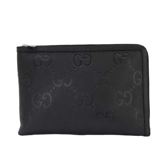 Gucci Jumbo GG Document Case Clutch Leather Black Silver in Black Leather from The Reluxe