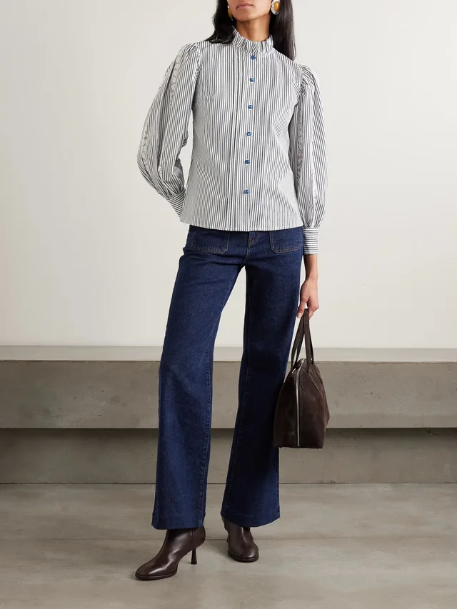 LORETTA CAPONI Anastasia lace-trimmed striped cotton-blend blouse in Blue, photo 2 of 2 from NET-A-PORTER (Canada)