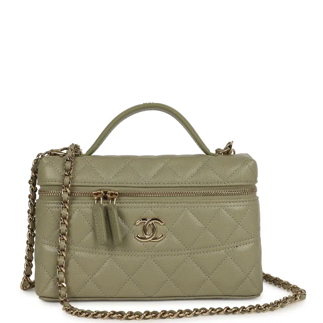 Chanel Trendy Top Handle Long Vanity Case in Green Caviar leather from Madison Avenue Couture