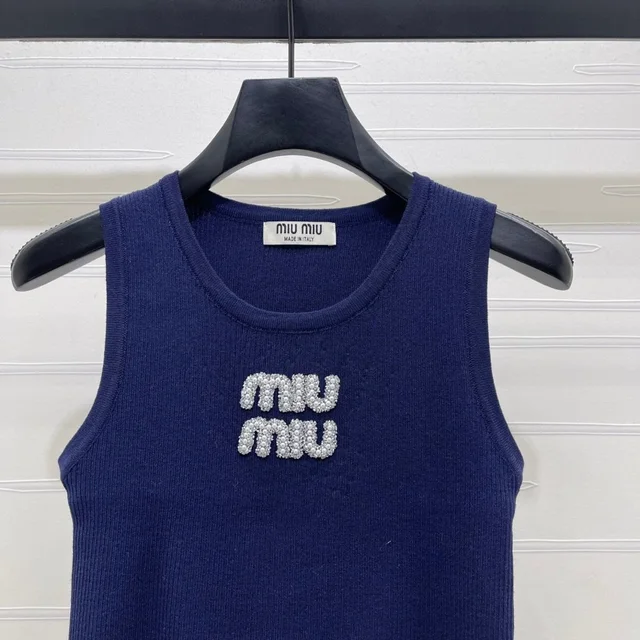 Miu Miu Pearl Logo Ribbed Tank Top in blue from Poshmark