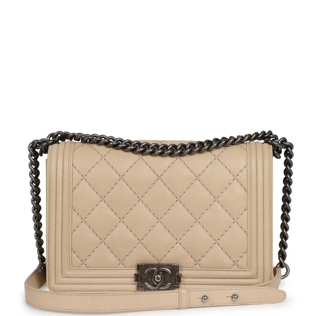 Chanel Medium "Wild Stitch" Boy Bag Beige Aged Calfskin Aged Ruthenium Hardware in Beige Calfskin from Madison Avenue Couture