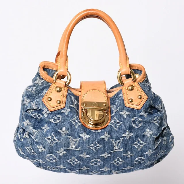 Louis Vuitton Pleaty Handbag Monogram Denim Leather Blue Gold in Blue Denim from The Reluxe