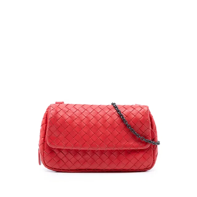 Red Bottega Veneta Mini Nappa Intrecciato Expandable Chain Flap Crossbody in Red Nappa leather from Designer Revival