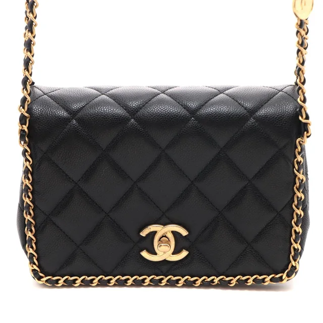 Chanel Quilted Chain Trim Full Flap Shoulder Black Bag Caviar Leather in Black Caviar leather from The Reluxe
