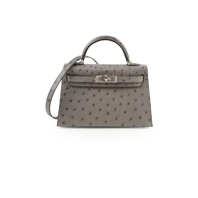 Hermès Mini Kelly Ostrich Gris Meyer B Stamp in Grey Ostrich from The Purse Affair