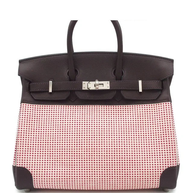 Hermès Birkin 25 Ecru Rouge Sellier Framboise Silver Toile Quadrille Swift in Red Swift leather from The Reluxe