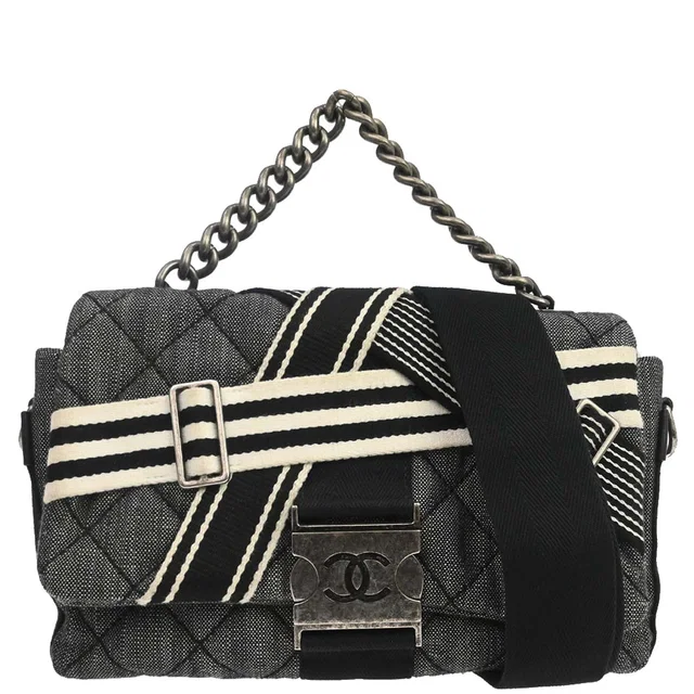 Chanel 2016-2017 Black Quilted Denim Medium Airlines Buckle 2way Shoulder Handbag in Black Denim from AMORE Vintage Tokyo