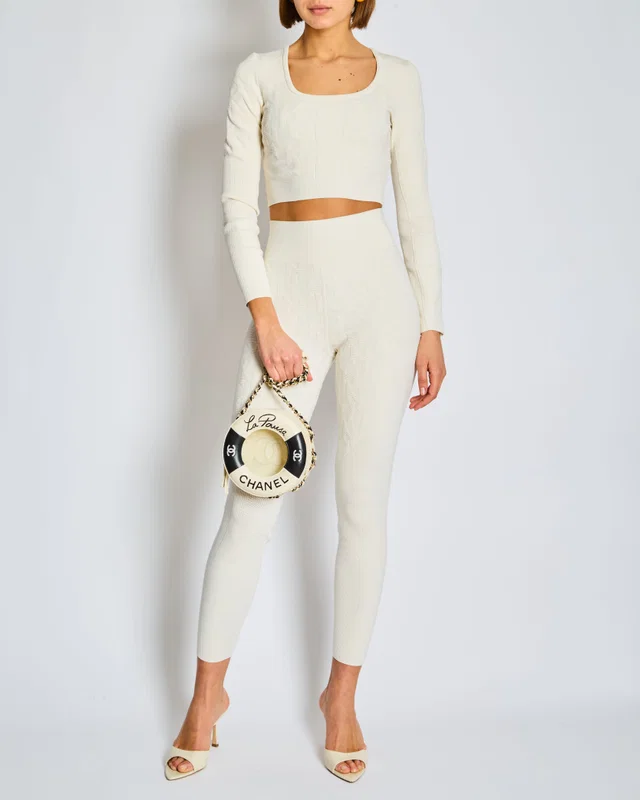 Hermès Cream H Knit Leggings and Cropped Top Yoga Set Size FR 34/36/ (UK 6/8) in White Silk from Sellier