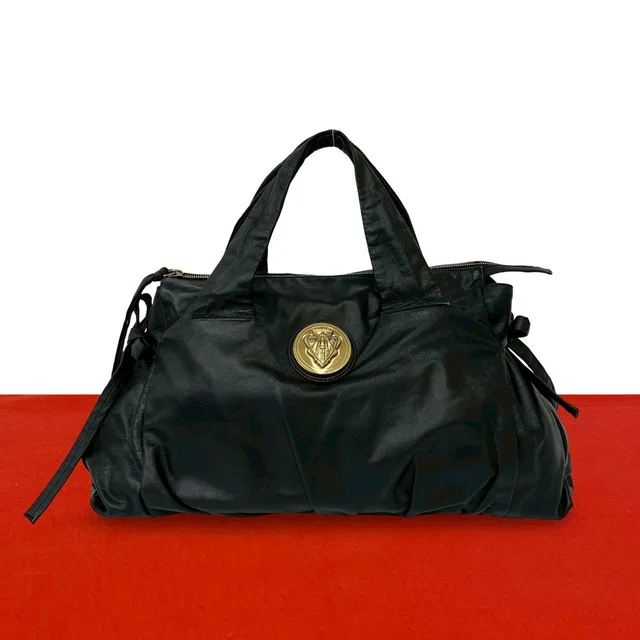 Gucci Hysteria Logo Ribbon Motif Leather Mini Boston Bag Black in Black Leather from The Reluxe