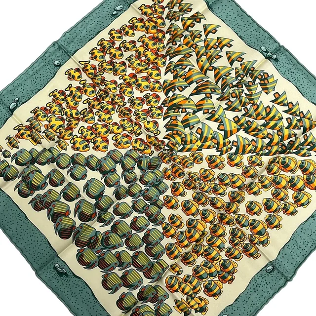 Hermès Scarf Petit Carre Light Yellow Green Multi Fish in Green from The Reluxe