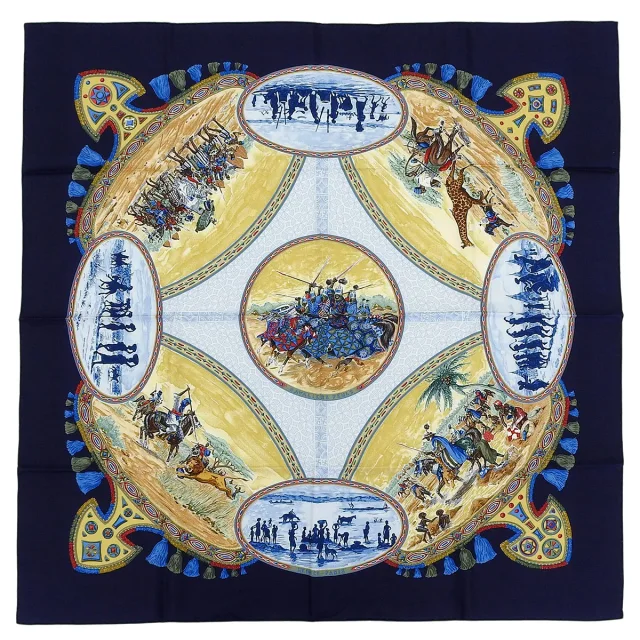 Hermès Carré 90 Cavaliers Peuls Pattern Scarf Navy/Multi in Navy Silk from VINTAGE QOO TOKYO, photo 9 of 10