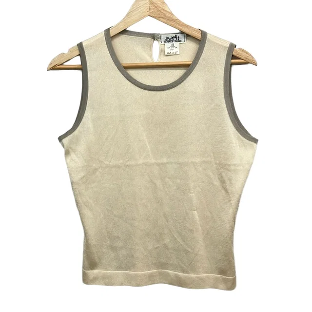 Hermès Sleeveless Top M Ivory Light Gray Silk Knit in White Silk from The Reluxe