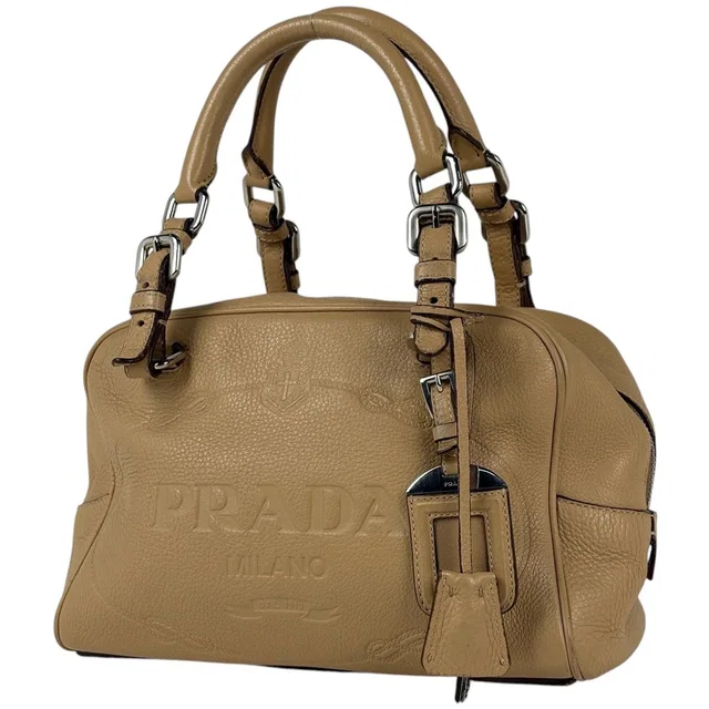 Prada Logo Handbag Leather Beige in Beige Leather from The Reluxe