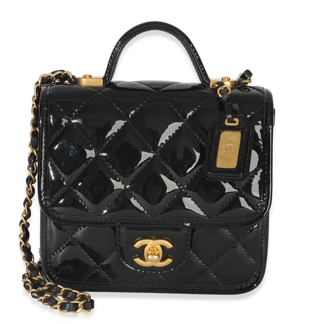 Chanel Black Quilted Patent School Memory Mini Top Handle Flap Bag in Black Patent leather from myGemma