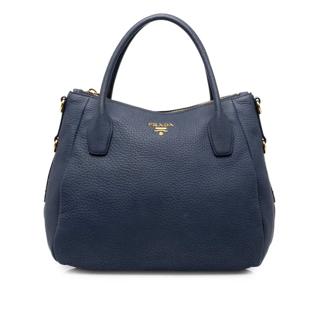 Blue Prada Vitello Daino Zip Top Convertible Tote Satchel in Blue Leather from Designer Revival