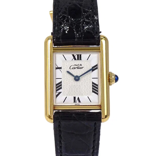 Cartier Must Tank SM 21mm Ref.1613 Quartz Watch SV925 Crocodile Black in Black Crocodile from AMORE Vintage Tokyo