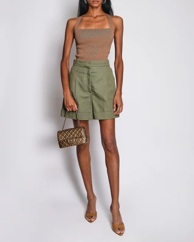 Chanel Khaki High-Waist Pleated Shorts with Logo Button Detail Size FR 38 (UK 10) in Green from Sellier