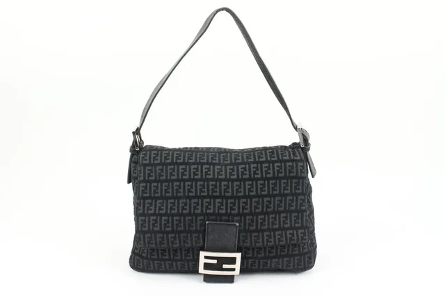 Fendi Black Monogram FF Zucchino Mama Baguette Shoulder bag in Black Canvas from Bagriculture