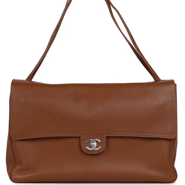 Chanel Maxi "Souplissimo" Large Flap Bag Camel Grained Calfskin Silver Hardware in Brown Caviar leather from Madison Avenue Couture