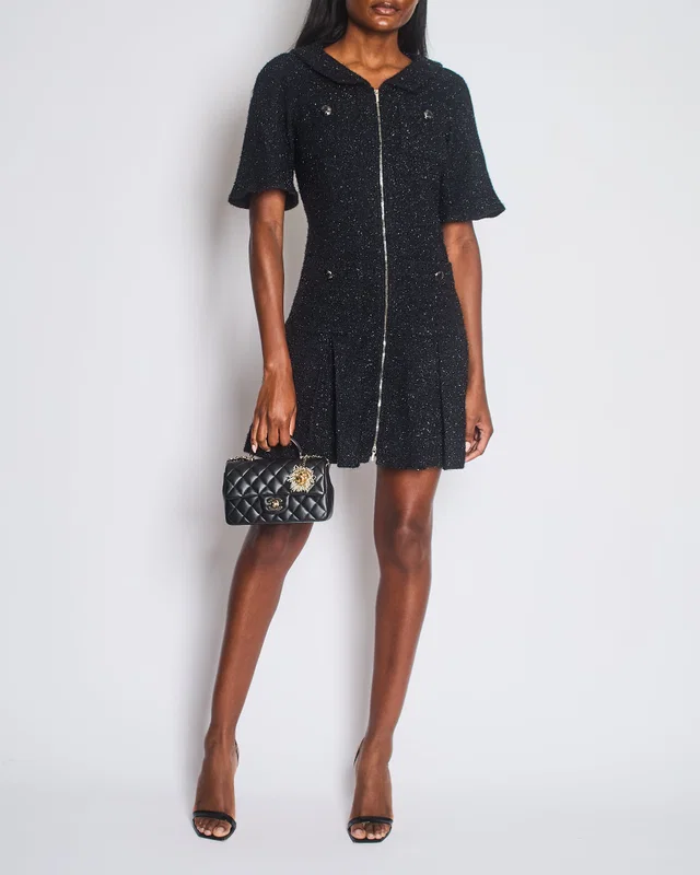 Chanel Black Shimmery Mini Dress with Silver Zip and Globe CC Buttons Detail Size FR 36 (UK 8) in Black Nylon from Sellier