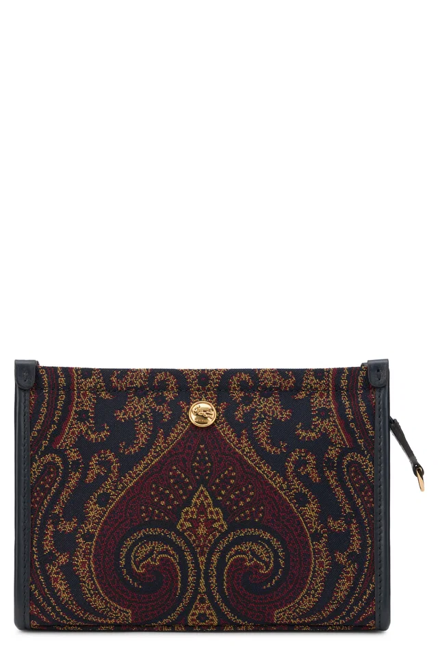 Etro Paisley-Embroidered Silk-Blend Clutch — Navy Polyester in Navy Silk from HEWI