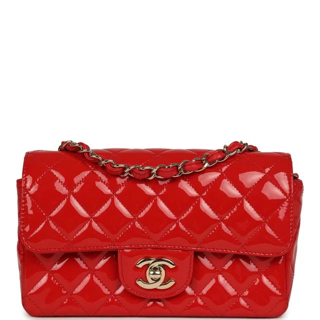 Chanel Mini Classic Rectangular Flap Bag Red Patent Light Gold Hardware in Red Patent leather from Madison Avenue Couture