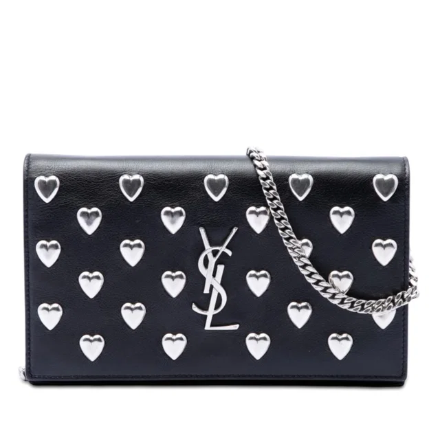 Black Saint Laurent Medium Calfskin Monogram Heart Studded Kate Crossbody in Black Calfskin from Designer Revival