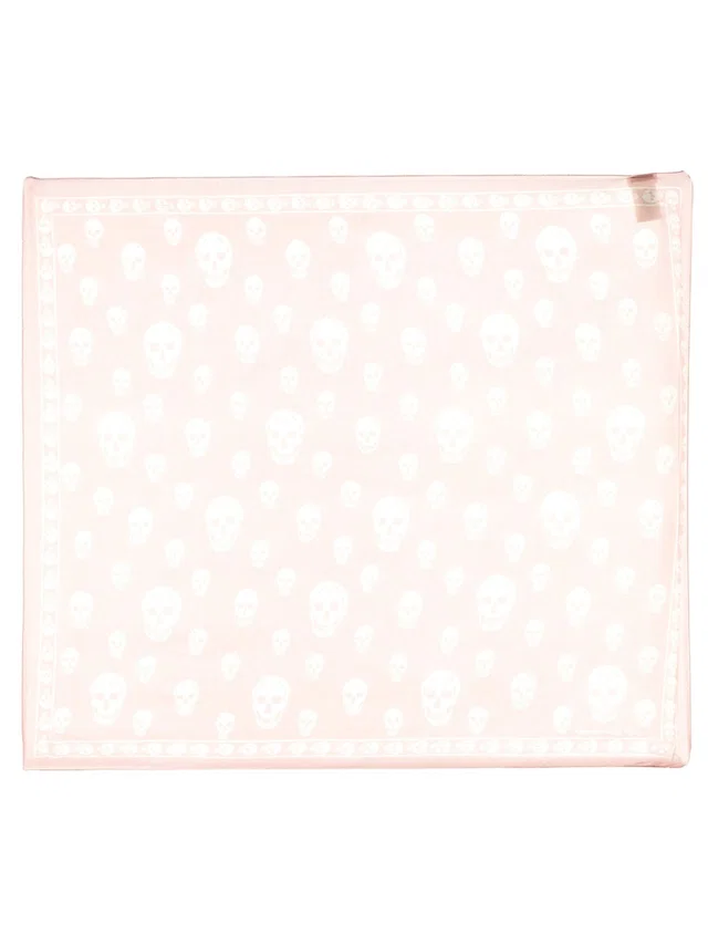Alexander McQueen Hand-Sewn Skull Motif Silk Scarf — Pink Scarfs in Pink Silk from HEWI