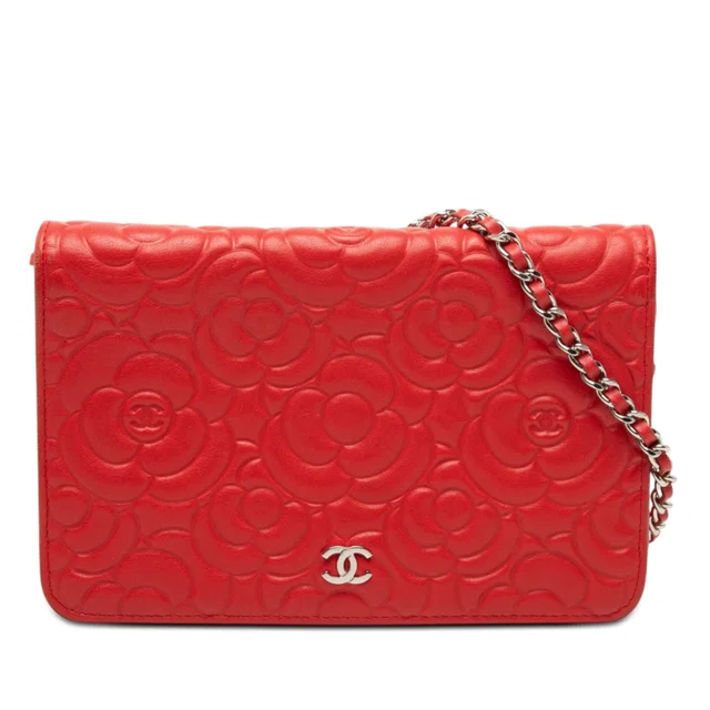 Red Chanel CC Embossed Lambskin Camellia Wallet On Chain Crossbody Bag in Red Lambskin from Designer Revival