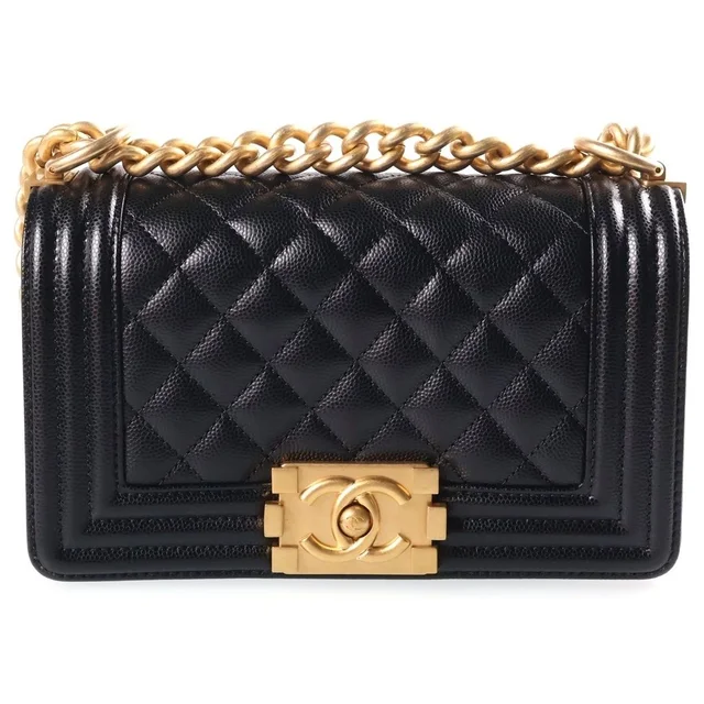 Chanel Boy 20 Quilted Small Caviar Leather Chain Shoulder Bag Gold Black Plate in Black Caviar leather from The Reluxe