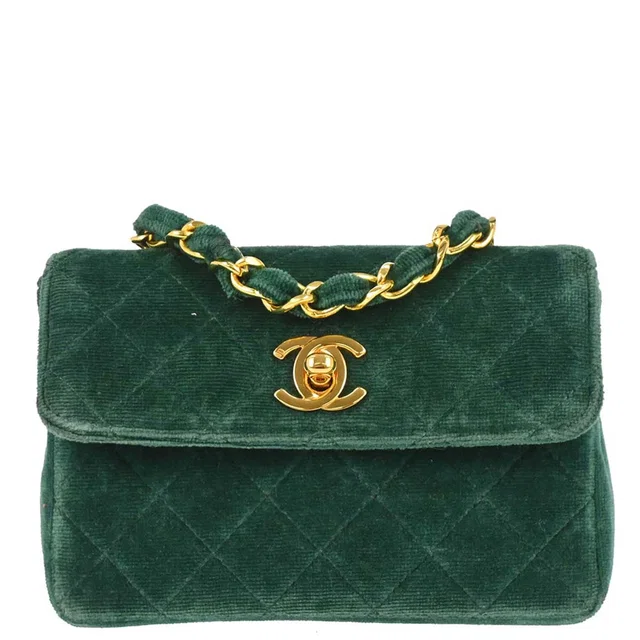 Chanel Green Velvet Straight Flap Shoulder Bag in Green Velvet from AMORE Vintage Tokyo