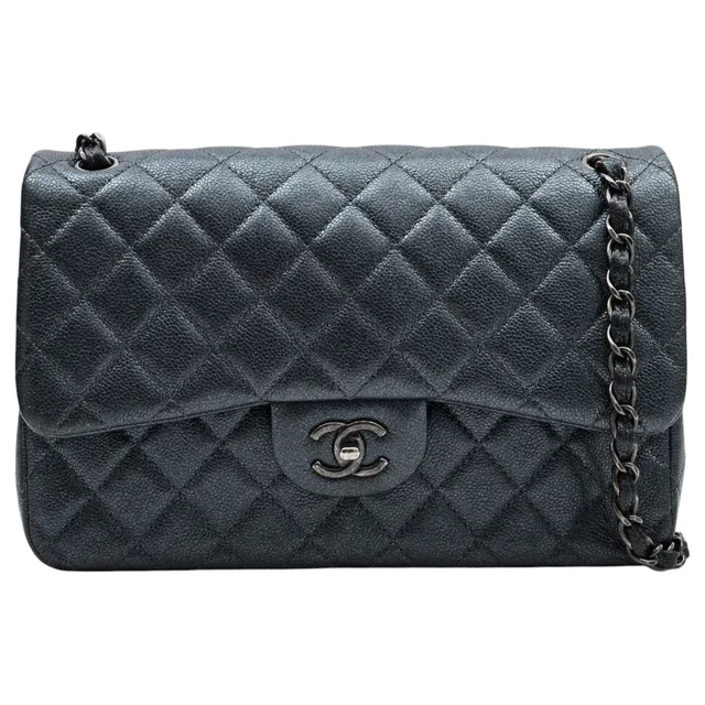 Chanel 2014-era Caviar Skin Classic Flap 30cm Blue Grey in Blue Caviar leather from VINTAGE QOO TOKYO