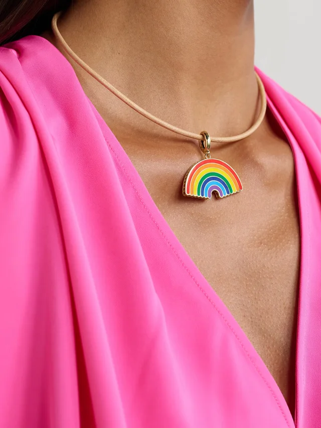LAUREN RUBINSKI Rainbow 14-karat gold, enamel and leather necklace in Beige, photo 2 of 2 from NET-A-PORTER (Canada)